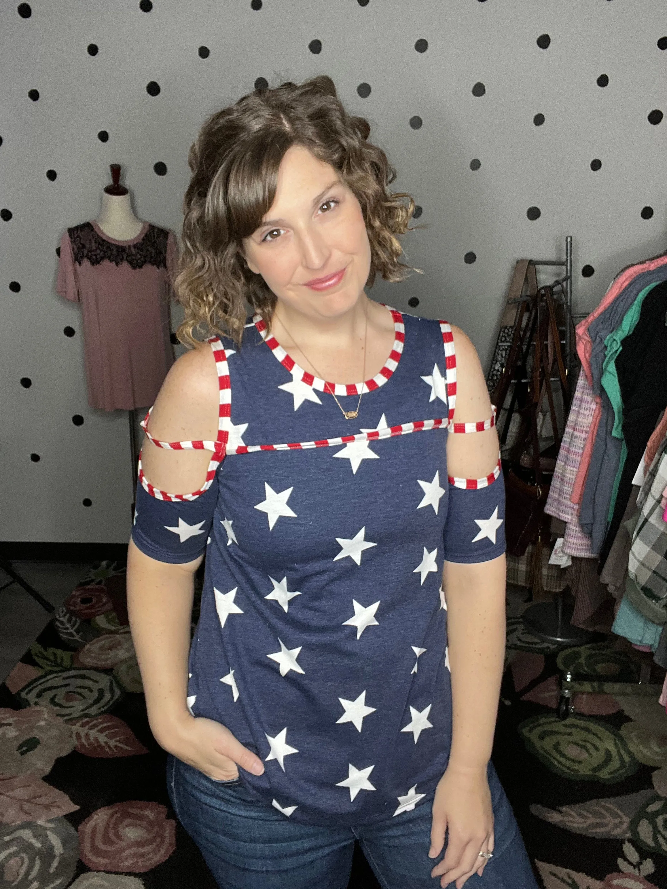 Star & Stripe Open Shoulder Top