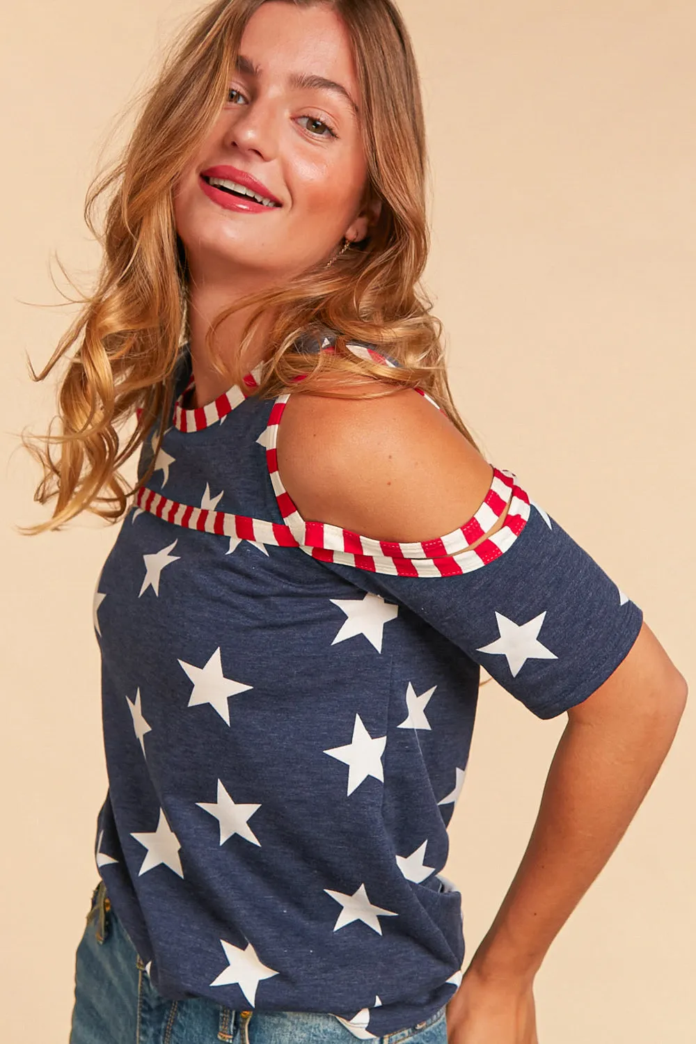 Star & Stripe Open Shoulder Top