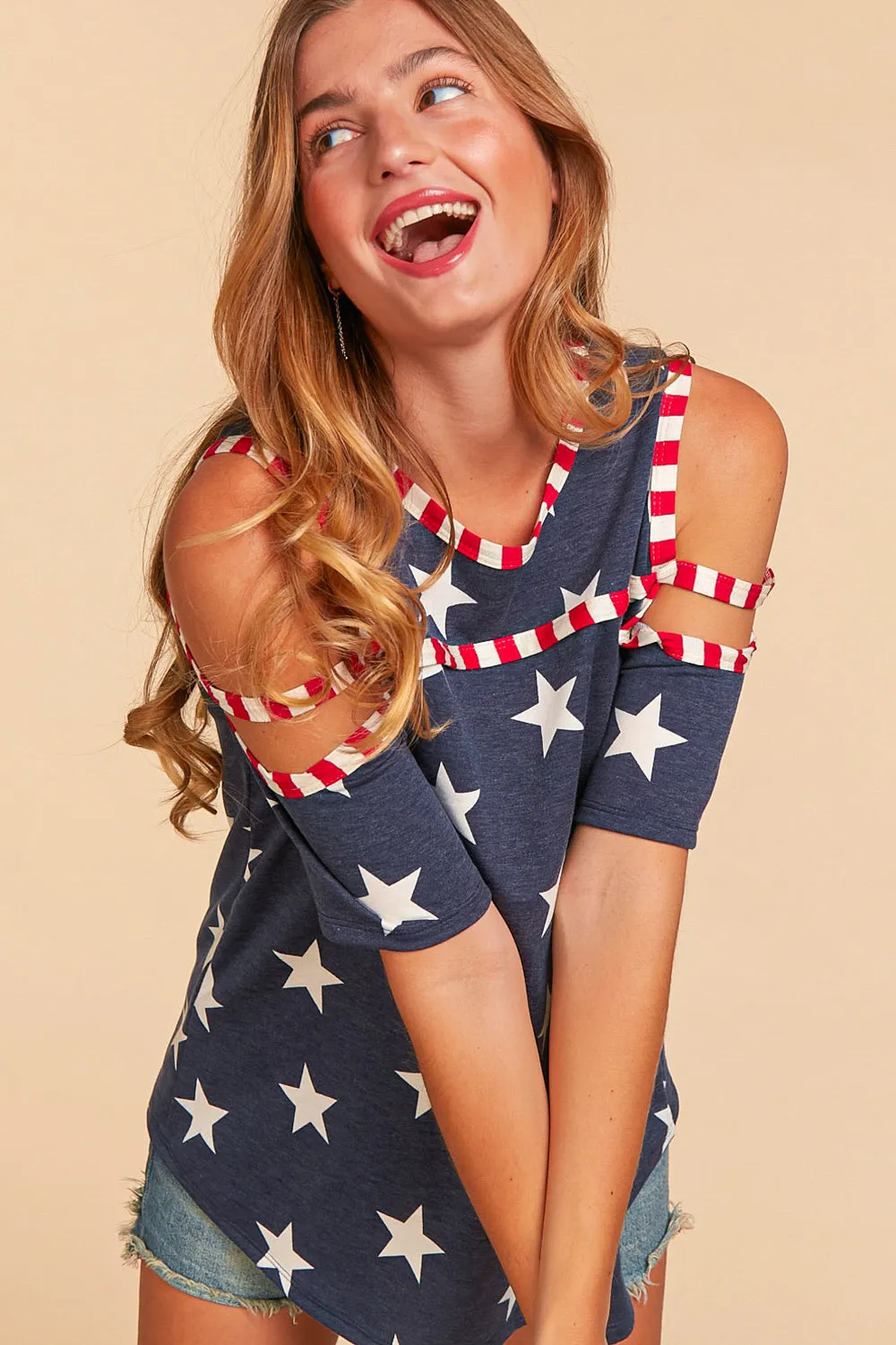 Star & Stripe Open Shoulder Top