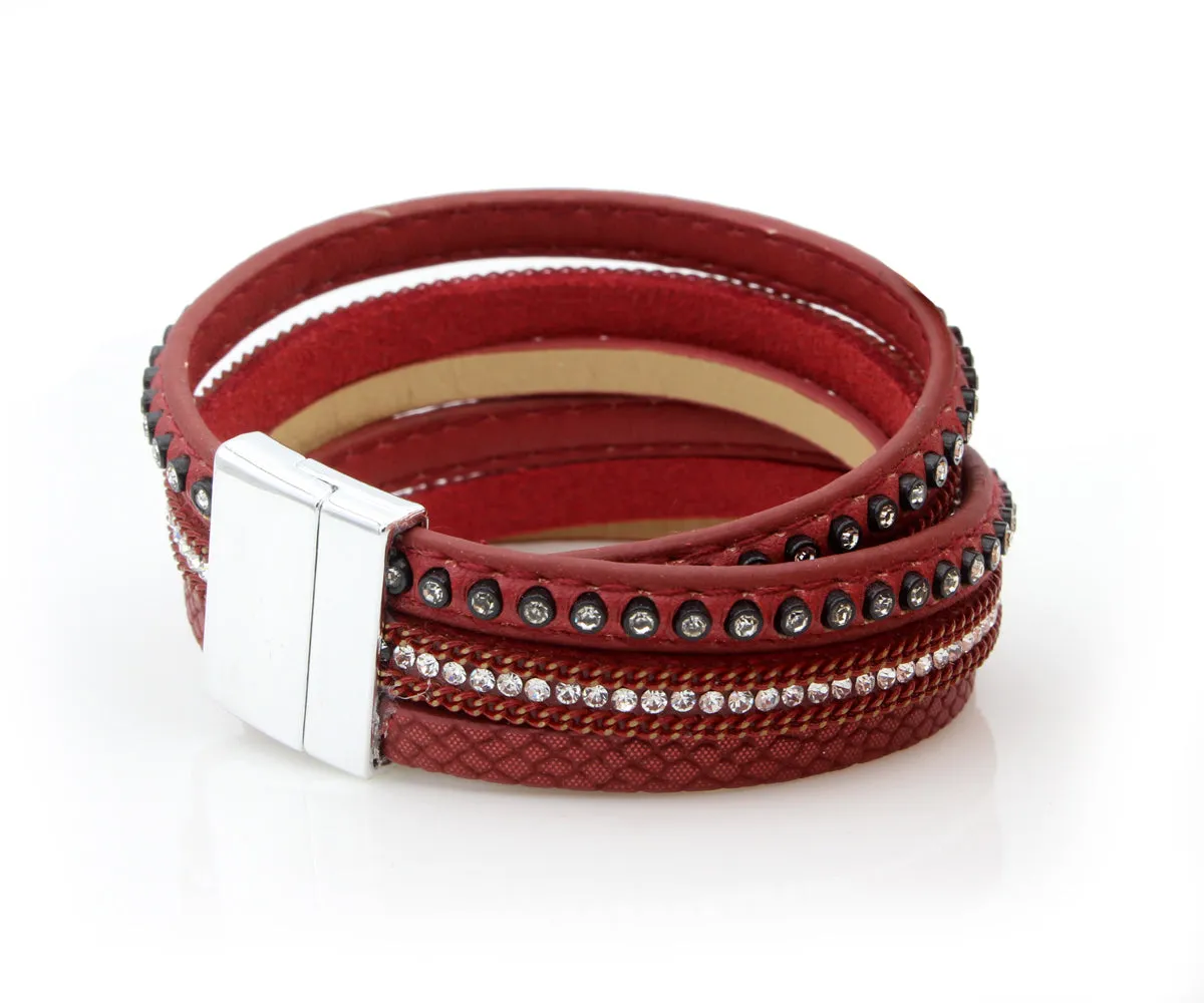 Studded Rhinestone Red Double Wrap Leather Bracelet