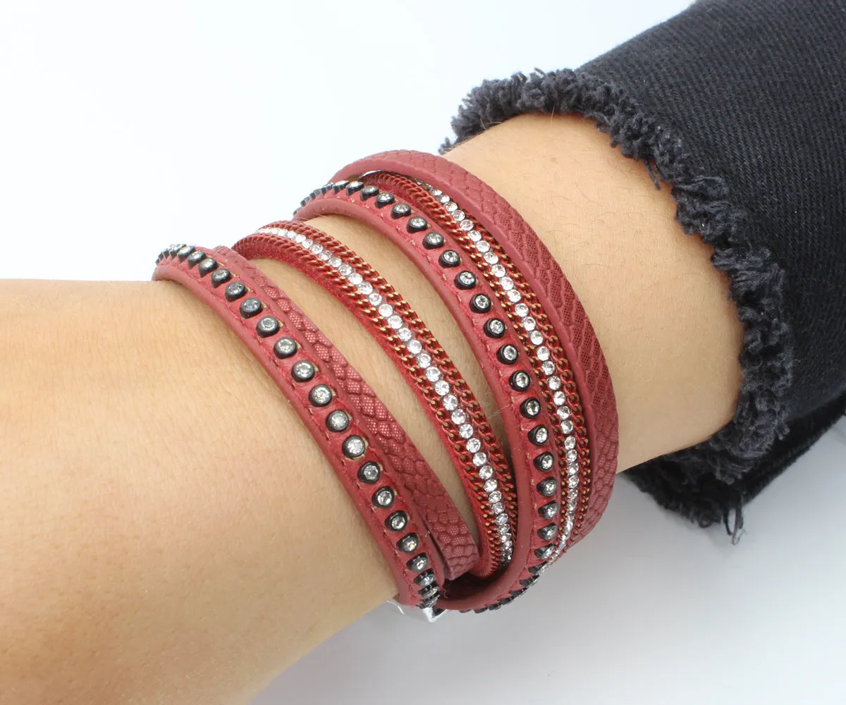 Studded Rhinestone Red Double Wrap Leather Bracelet