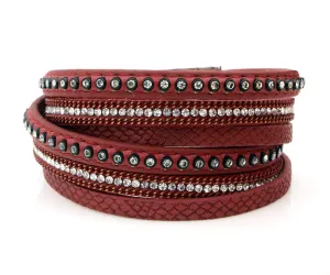 Studded Rhinestone Red Double Wrap Leather Bracelet
