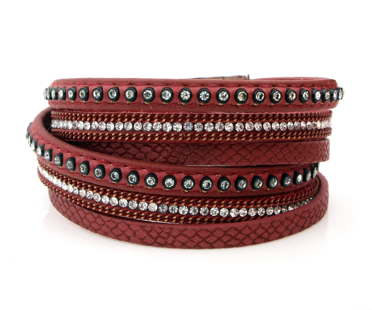 Studded Rhinestone Red Double Wrap Leather Bracelet