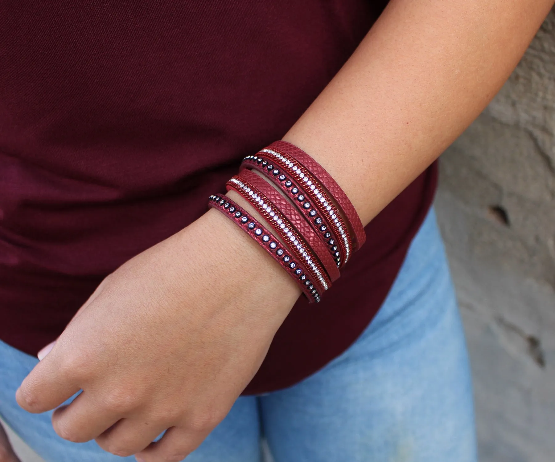 Studded Rhinestone Red Double Wrap Leather Bracelet