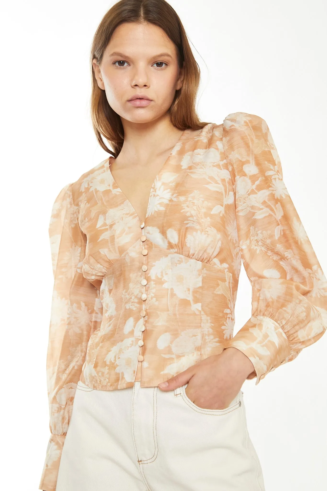 Tan White Floral Button-Front Blouse
