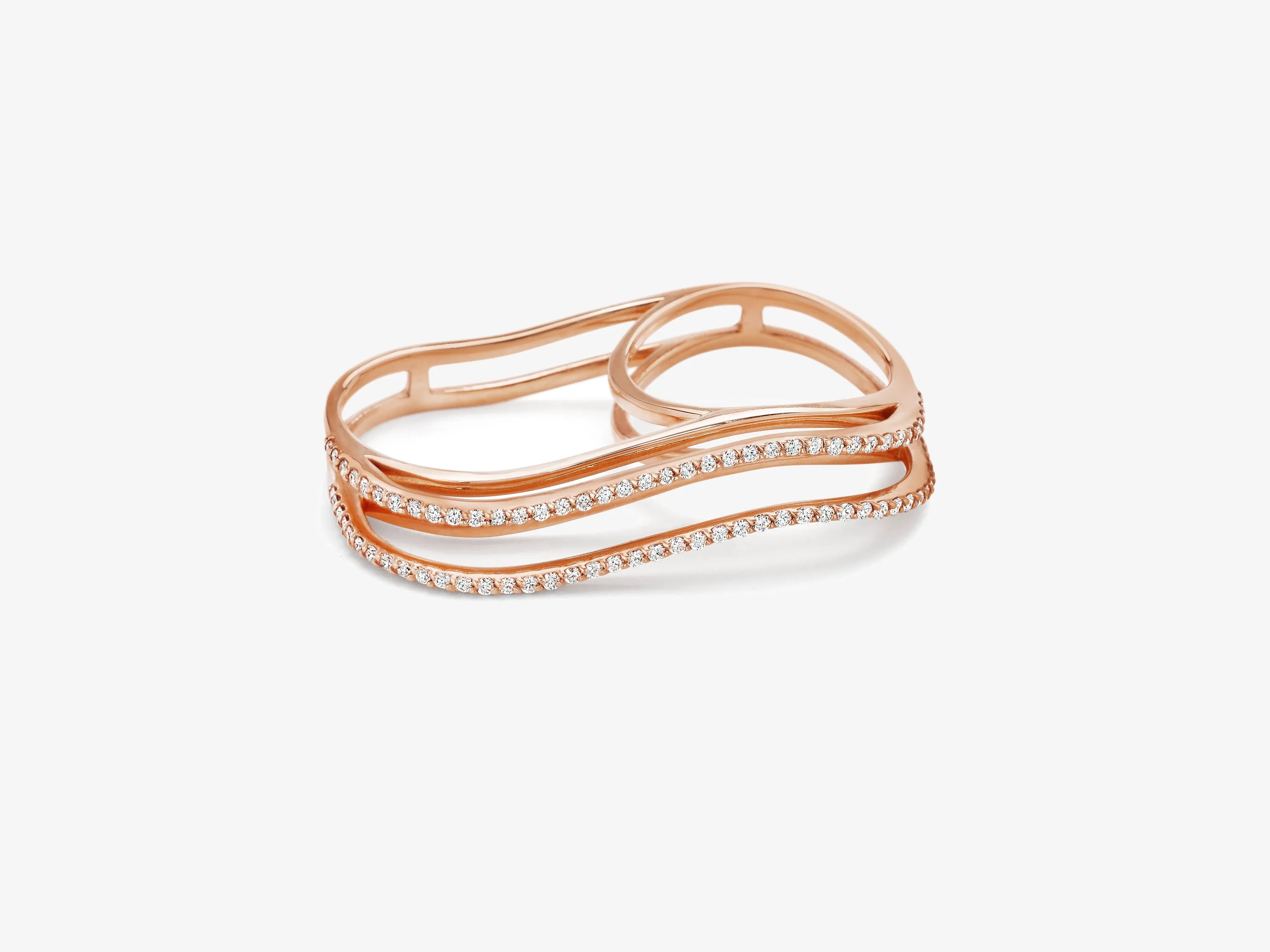 Three Dimensional Wavy Double Finger Ring with Full Diamond Pave
