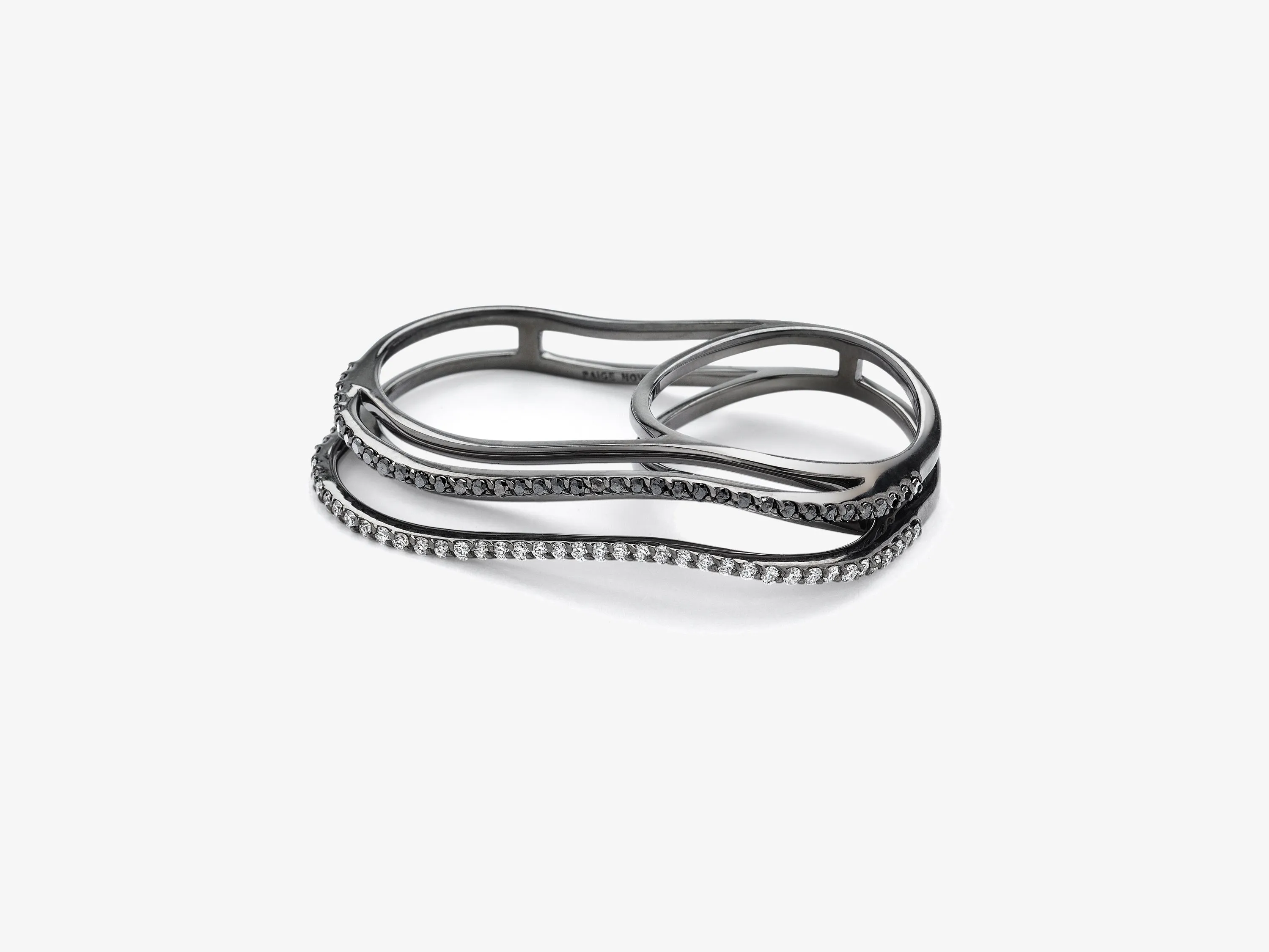 Three Dimensional Wavy Double Finger Ring with Full Diamond Pave
