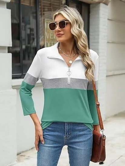 TICTICMISS Women's 3/4 Sleeve Tops V-Neck T-Shirt Zipper Color Block Shirts, XL
