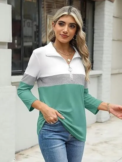TICTICMISS Women's 3/4 Sleeve Tops V-Neck T-Shirt Zipper Color Block Shirts, XL