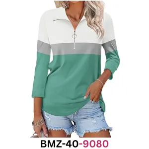 TICTICMISS Women's 3/4 Sleeve Tops V-Neck T-Shirt Zipper Color Block Shirts, XL