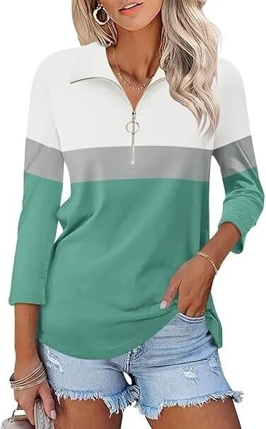 TICTICMISS Women's 3/4 Sleeve Tops V-Neck T-Shirt Zipper Color Block Shirts, XL