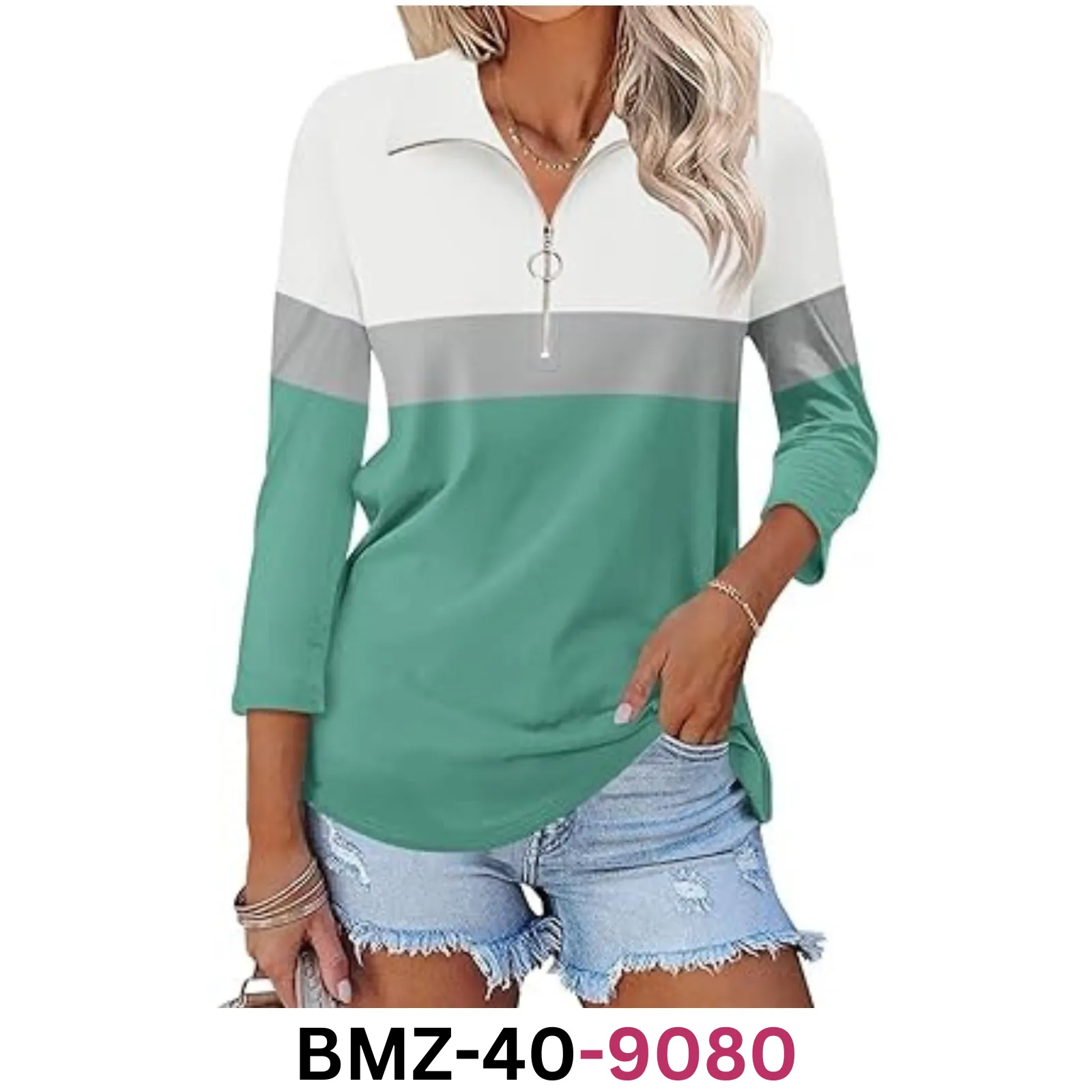 TICTICMISS Women's 3/4 Sleeve Tops V-Neck T-Shirt Zipper Color Block Shirts, XL