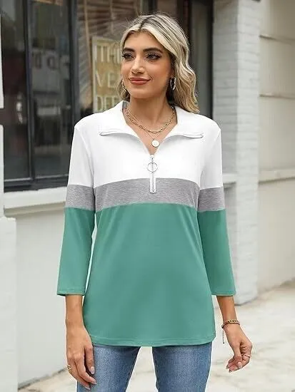 TICTICMISS Women's 3/4 Sleeve Tops V-Neck T-Shirt Zipper Color Block Shirts, XL