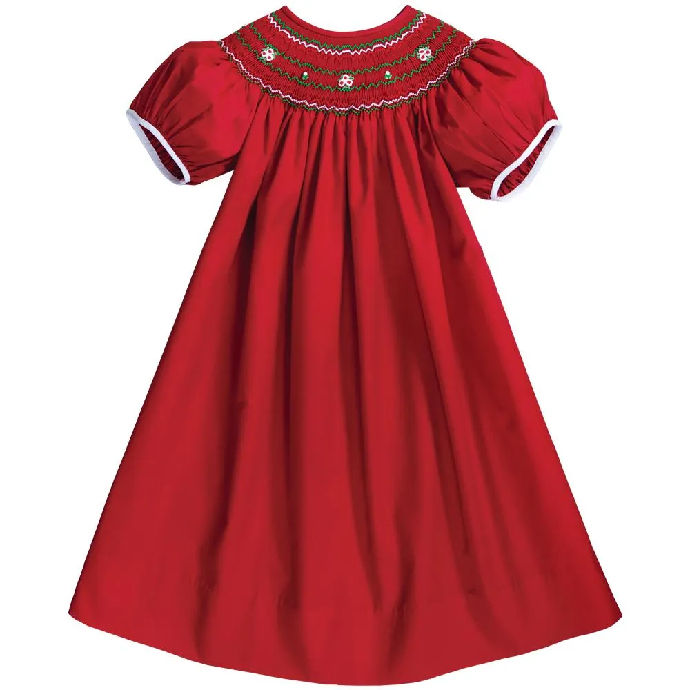 Victoria Holiday Red English Smocked Bishop w/Cap Sleeves