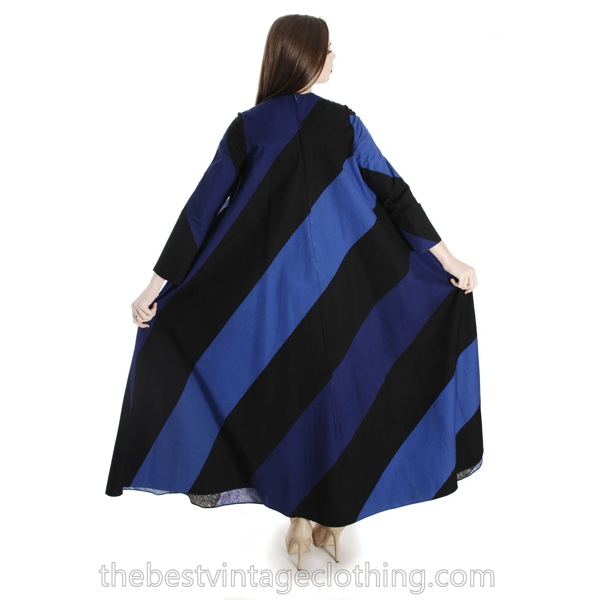 Vintage 1973 Vuokko Designer Iconic Maxi Tent Dress Black Blue METSÄ Stripes 36 Small