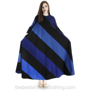 Vintage 1973 Vuokko Designer Iconic Maxi Tent Dress Black Blue METSÄ Stripes 36 Small