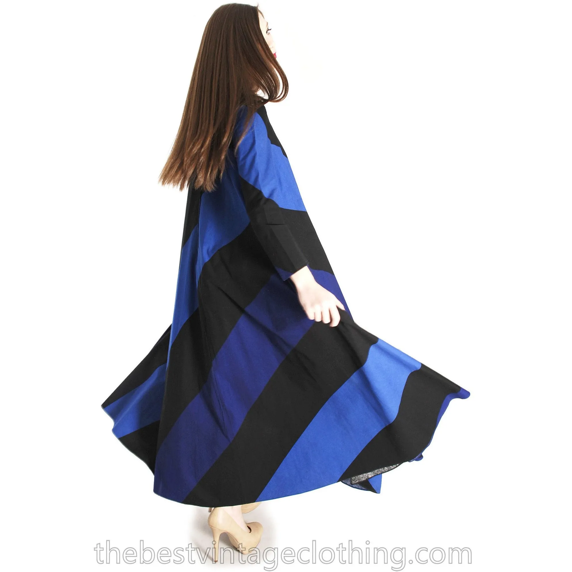 Vintage 1973 Vuokko Designer Iconic Maxi Tent Dress Black Blue METSÄ Stripes 36 Small