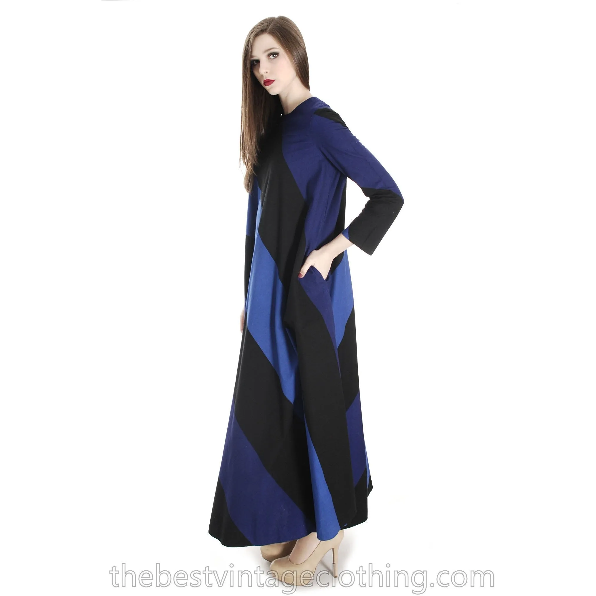Vintage 1973 Vuokko Designer Iconic Maxi Tent Dress Black Blue METSÄ Stripes 36 Small