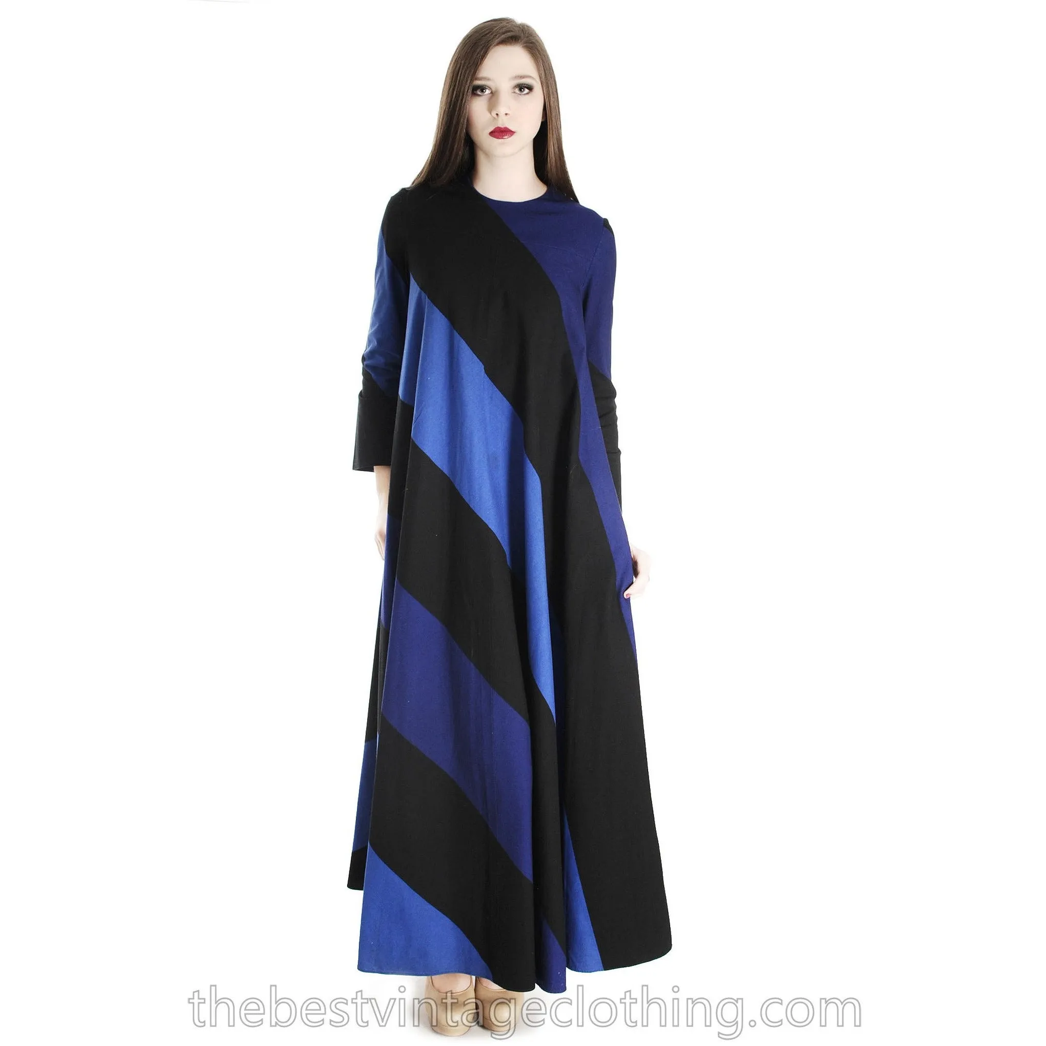 Vintage 1973 Vuokko Designer Iconic Maxi Tent Dress Black Blue METSÄ Stripes 36 Small