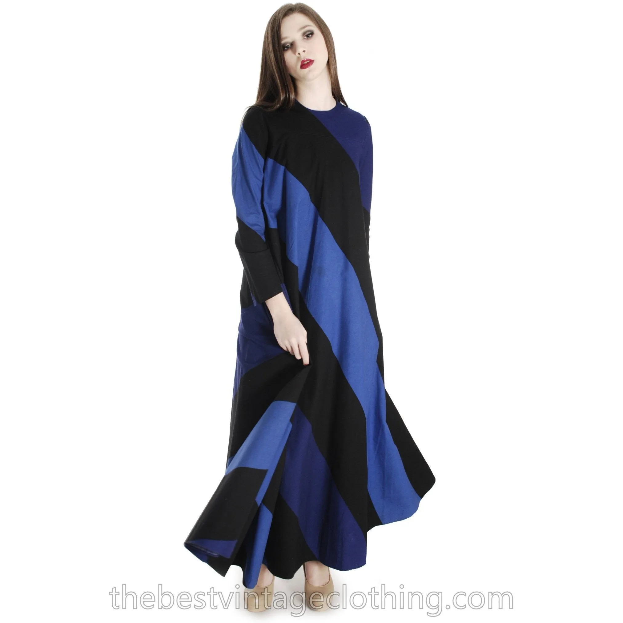 Vintage 1973 Vuokko Designer Iconic Maxi Tent Dress Black Blue METSÄ Stripes 36 Small