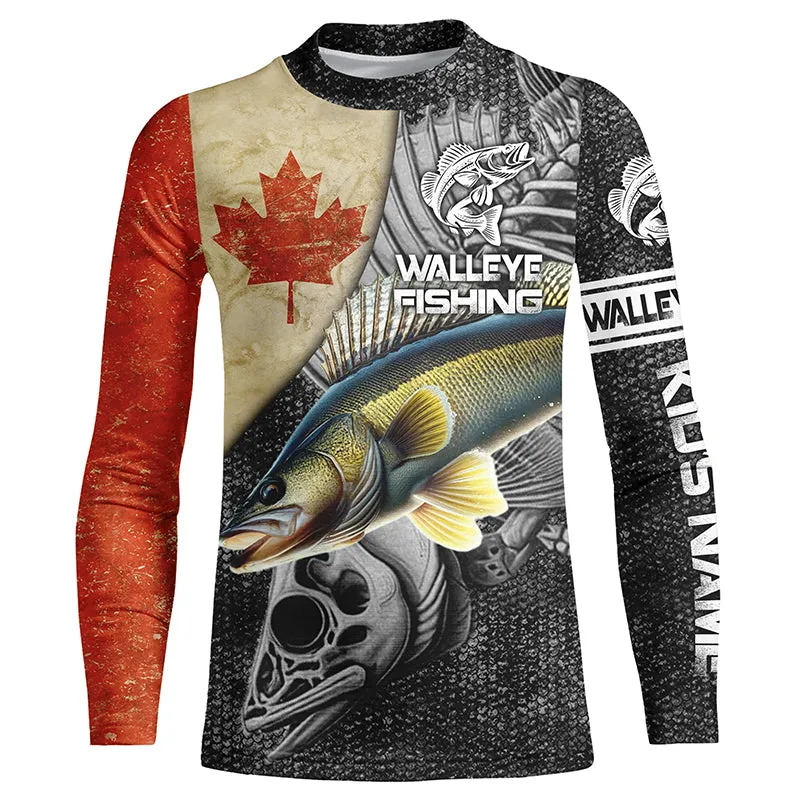 Vintage Canadian Flag Walleye Fishing Custom Kid long sleeve Fishing Shirt, Walleye jerseys NQS5222