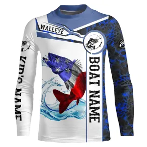 Walleye Fishing blue camo American Flag Custom name and boat name fishing Kid Long Sleeves NPQ758