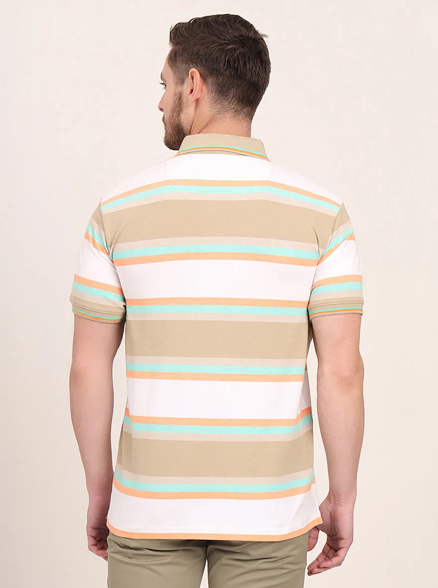 White & Green Striped Slim Fit Polo T-Shirt | JadeBlue