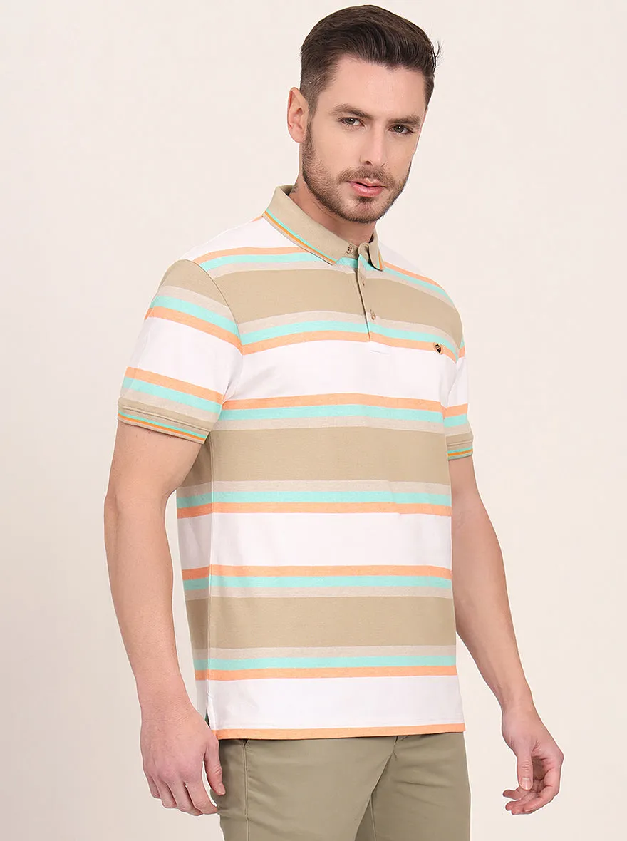 White & Green Striped Slim Fit Polo T-Shirt | JadeBlue