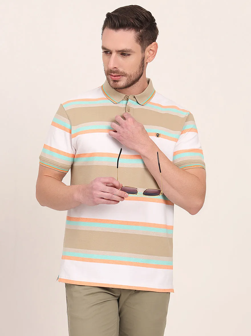White & Green Striped Slim Fit Polo T-Shirt | JadeBlue