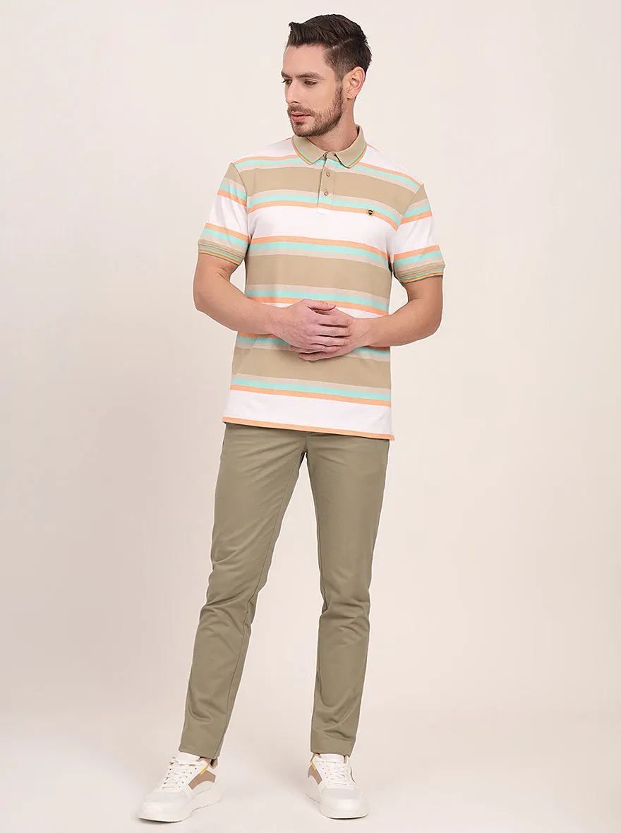 White & Green Striped Slim Fit Polo T-Shirt | JadeBlue