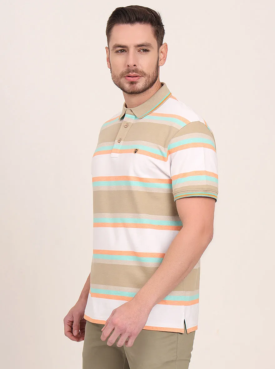 White & Green Striped Slim Fit Polo T-Shirt | JadeBlue